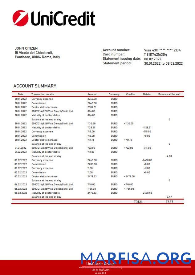 Realistic Italy Unicredit bank statement word sample
